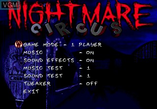 Menu screen of the game Nightmare Circus on Sega Megadrive