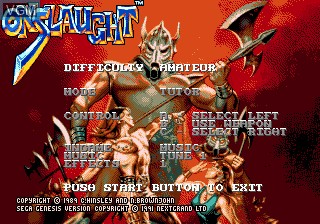 Menu screen of the game Onslaught on Sega Megadrive