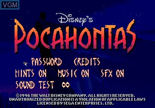 Menu screen of the game Pocahontas on Sega Megadrive
