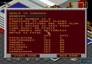 Menu screen of the game Populous on Sega Megadrive