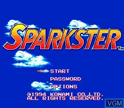 Menu screen of the game Sparkster on Sega Megadrive