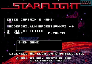 Menu screen of the game StarFlight on Sega Megadrive