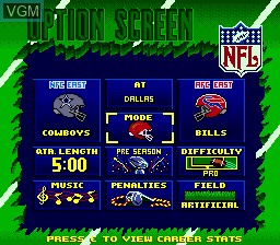Menu screen of the game Troy Aikman NFL Football on Sega Megadrive