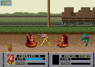 In-game screen of the game Alien Storm on Sega Megadrive