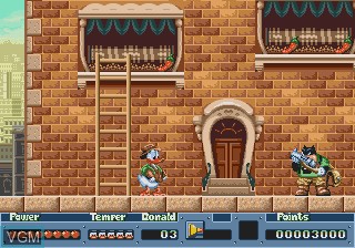 In-game screen of the game QuackShot starring Donald Duck on Sega Megadrive