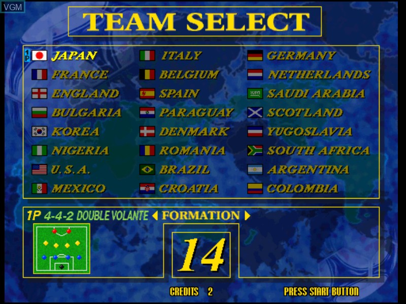 Menu screen of the game Virtua Striker 2 Version '98 on Model 3