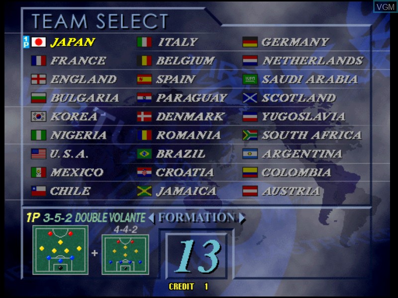 Menu screen of the game Virtua Striker 2 Version '99 on Model 3
