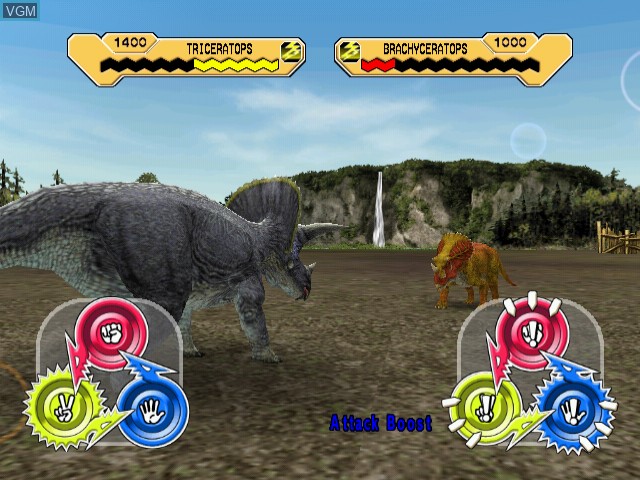 In-game screen of the game Dinosaur King - D-Team VS. the Alpha Fortress on Naomi