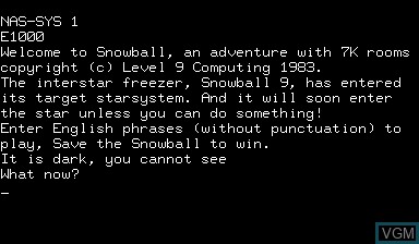 Title screen of the game Snowball on Nascom