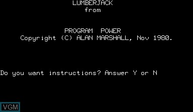 Title screen of the game Lumberjack on Nascom