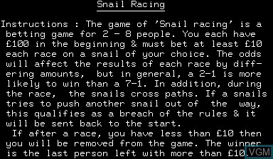 Menu screen of the game Snail Racing on Nascom