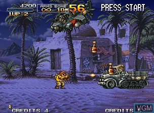 In-game screen of the game Metal Slug X - Super Vehicle-001 on SNK NeoGeo