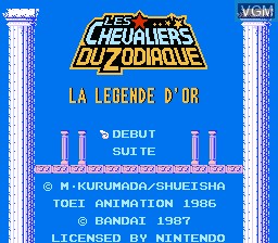 Title screen of the game Chevaliers du Zodiaque, Les - La Légende d'Or on Nintendo NES