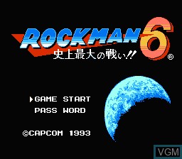 Title screen of the game RockMan 6 - Shijou Saidai no Tatakai!! on Nintendo NES