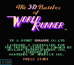 Title screen of the game 3-D WorldRunner on Nintendo NES