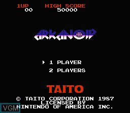 Title screen of the game Arkanoid on Nintendo NES