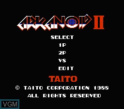 Title screen of the game Arkanoid II on Nintendo NES
