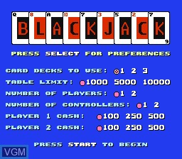 Title screen of the game Blackjack on Nintendo NES