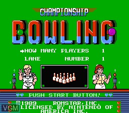 Title screen of the game Championship Bowling on Nintendo NES