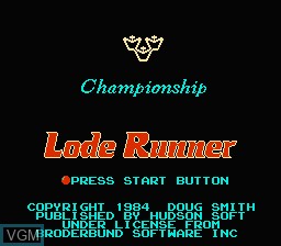 Title screen of the game Championship Lode Runner on Nintendo NES