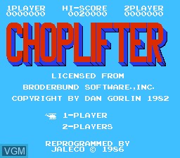 Title screen of the game Choplifter on Nintendo NES