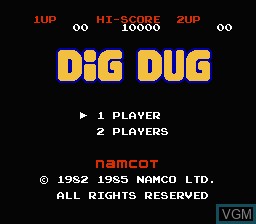 Title screen of the game Dig Dug on Nintendo NES