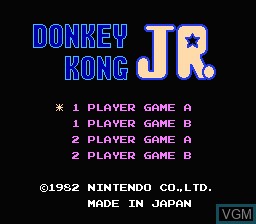 Title screen of the game Donkey Kong Jr. on Nintendo NES