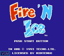 Title screen of the game Fire'n Ice on Nintendo NES