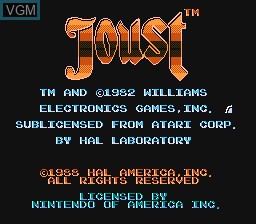 Title screen of the game Joust on Nintendo NES