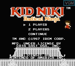 Title screen of the game Kid Niki - Radical Ninja on Nintendo NES
