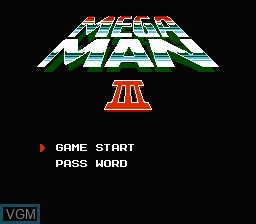 Title screen of the game Mega Man 3 on Nintendo NES