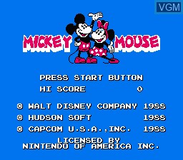 Title screen of the game Mickey Mousecapade on Nintendo NES