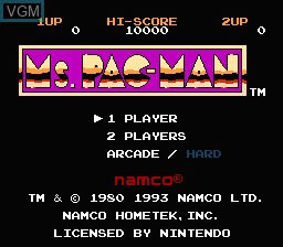 Title screen of the game Ms. Pac-Man on Nintendo NES
