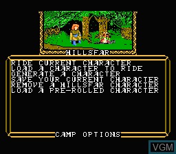 Menu screen of the game Advanced Dungeons & Dragons - Hillsfar on Nintendo NES