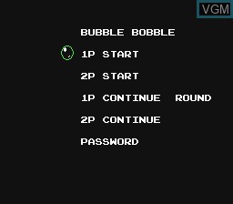 Menu screen of the game Bubble Bobble on Nintendo NES
