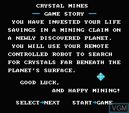 Menu screen of the game Crystal Mines on Nintendo NES
