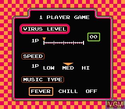 Menu screen of the game Dr. Mario on Nintendo NES