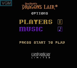 Menu screen of the game Dragon's Lair on Nintendo NES