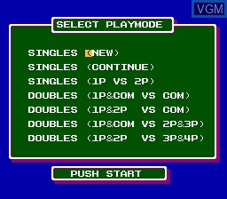 Menu screen of the game Top Players' Tennis on Nintendo NES