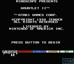 Menu screen of the game Gauntlet II on Nintendo NES