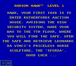Menu screen of the game Hudson Hawk on Nintendo NES