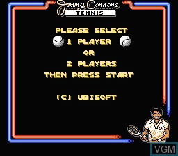 Menu screen of the game Jimmy Connors Tennis on Nintendo NES