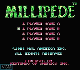 Menu screen of the game Millipede on Nintendo NES