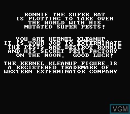 Menu screen of the game Pesterminator - The Western Exterminator on Nintendo NES