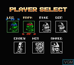Menu screen of the game Teenage Mutant Ninja Turtles - Tournament Fighters on Nintendo NES