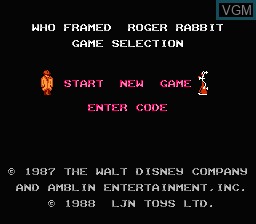 Menu screen of the game Who Framed Roger Rabbit on Nintendo NES