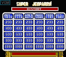 In-game screen of the game Super Jeopardy! on Nintendo NES