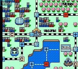 In-game screen of the game Super Momotarou Dentetsu on Nintendo NES