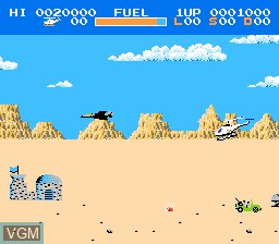 In-game screen of the game Choplifter on Nintendo NES