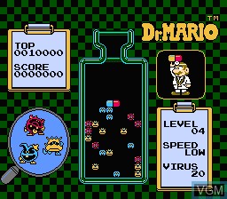 In-game screen of the game Dr. Mario on Nintendo NES
